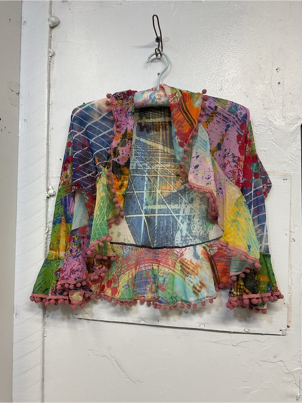 Petit Pois by Viviana G Colorful open cardigan with Pom poms, size S